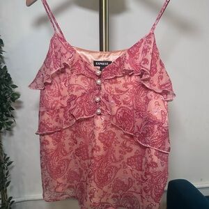 Express Pink Paisley Ruffle Pearl-Button Cami